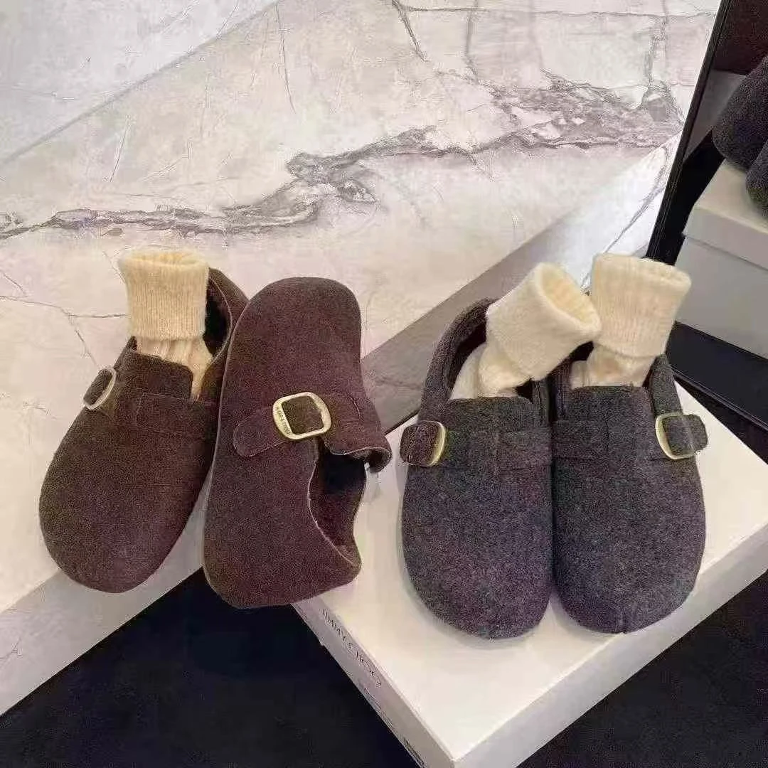 复古圆头勃肯鞋女加绒保暖毛呢棉鞋冬季一脚蹬纯色潮流风极简风
