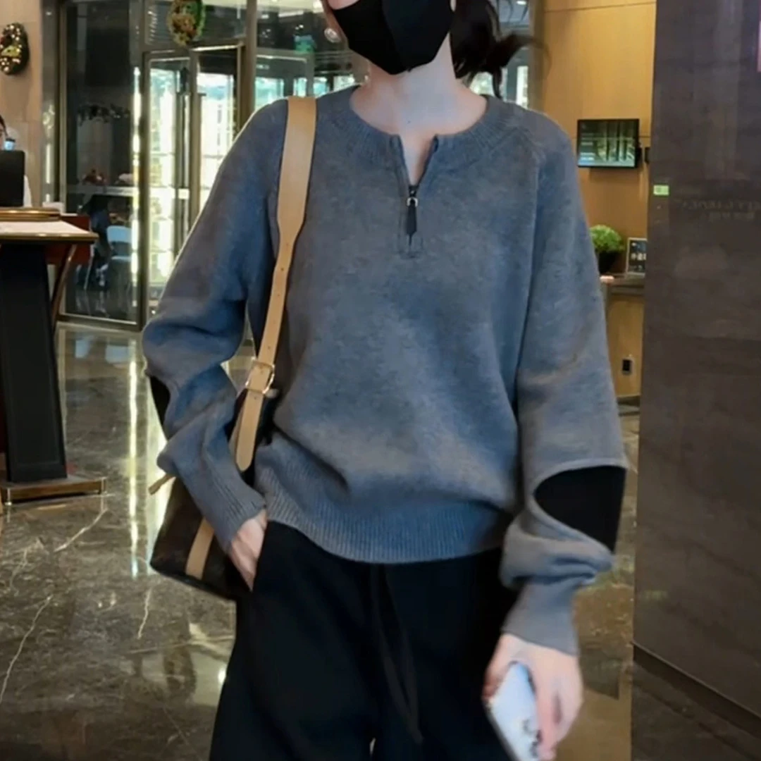 女士毛衣秋冬慵懒风高级感宽松显瘦加厚内搭半开领打底针织衫上衣