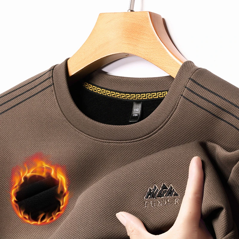 男士冬季加绒加厚套头男上衣新款圆领长袖卫衣商务休闲宽松纯色