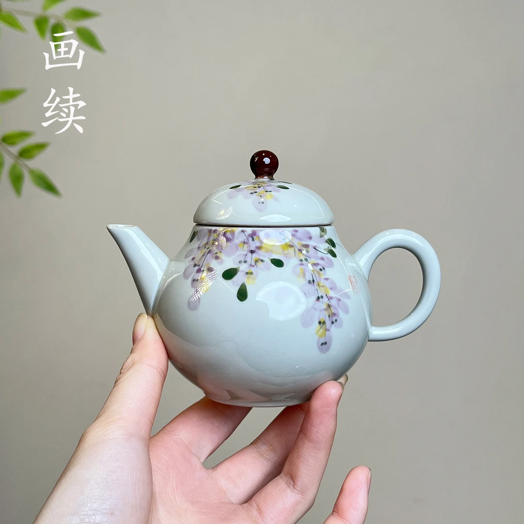画续手绘草木灰紫藤花茶壶陶瓷家用功夫茶具泡茶壶精致釉下彩茶壶