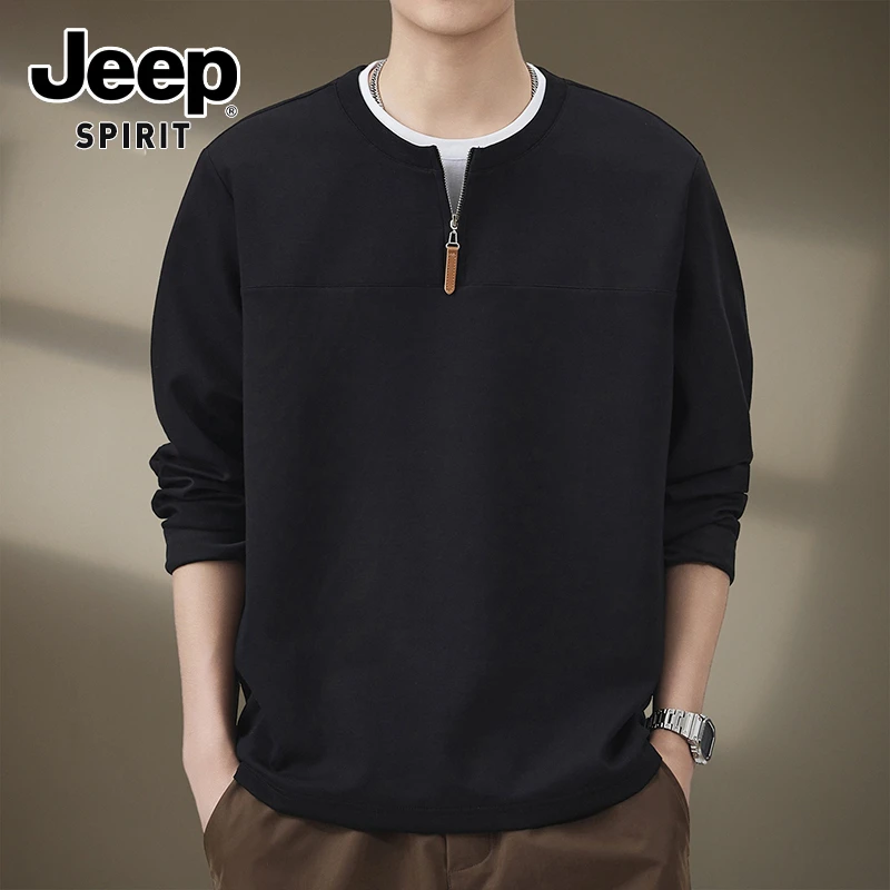 JEEPSPIRIT吉普新款半拉链长袖T恤男秋季潮牌卫衣宽松假两件上衣