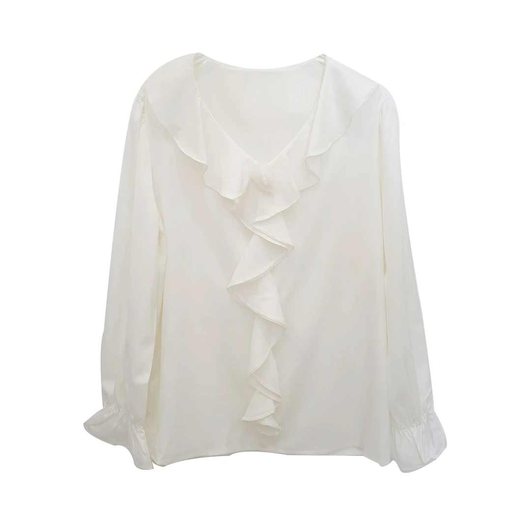 时尚V领荷叶边白色上衣X2430