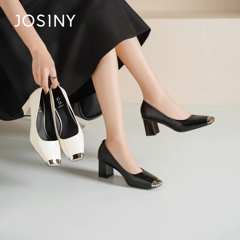 卓诗尼粗跟单鞋女2025春季新款法式方头高跟鞋气质通勤女鞋工作鞋