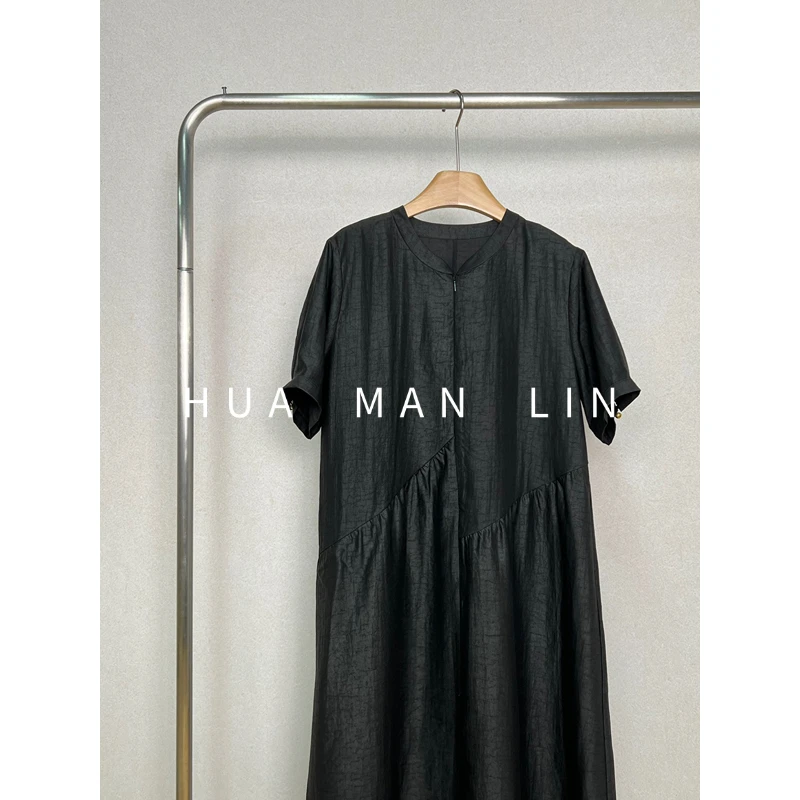 【花滿林】圆领腰部捏褶龟裂纹真丝桑蚕丝连衣裙258075