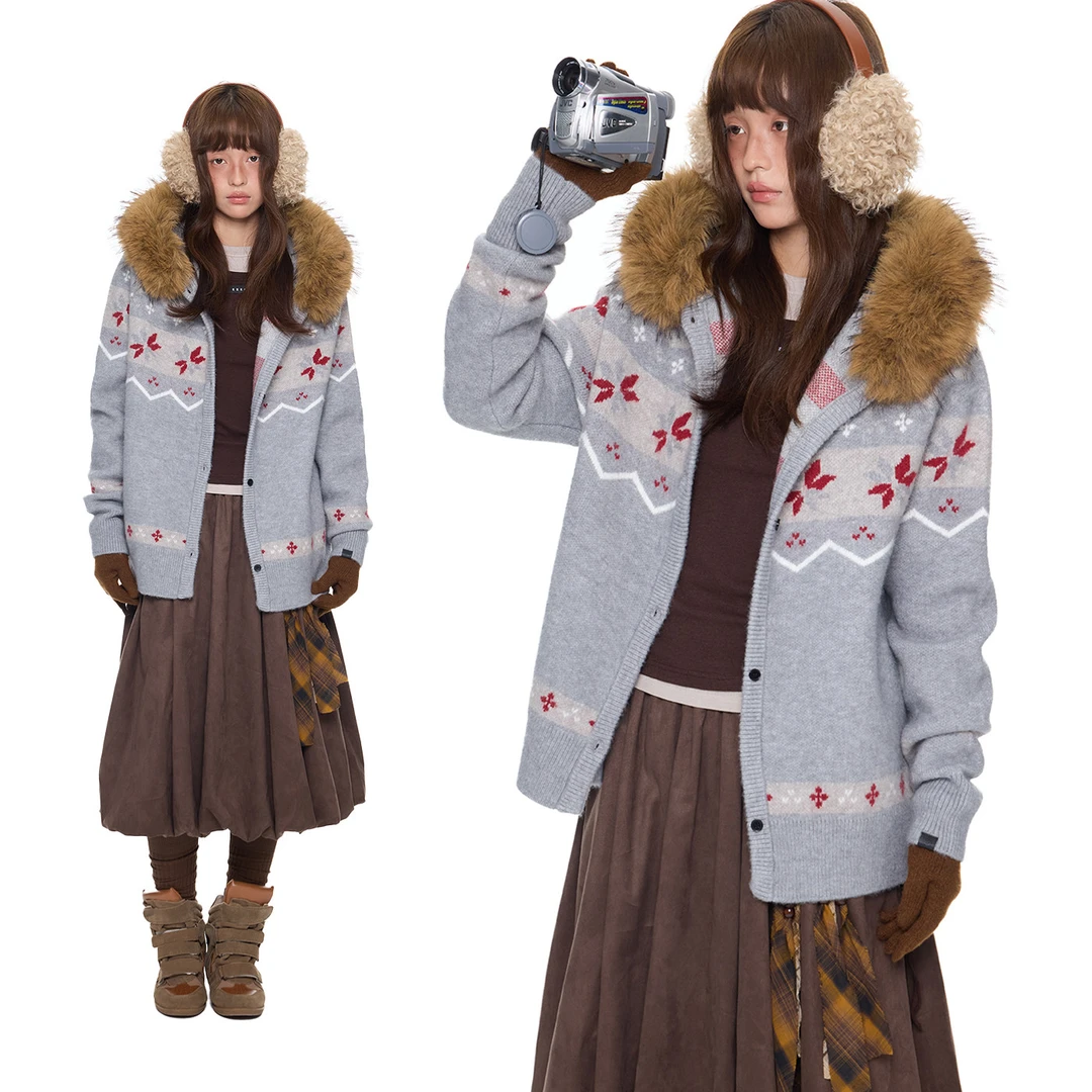 【直播间清仓款 No退No换】费尔岛毛领连帽针织衫毛衣外套女秋季