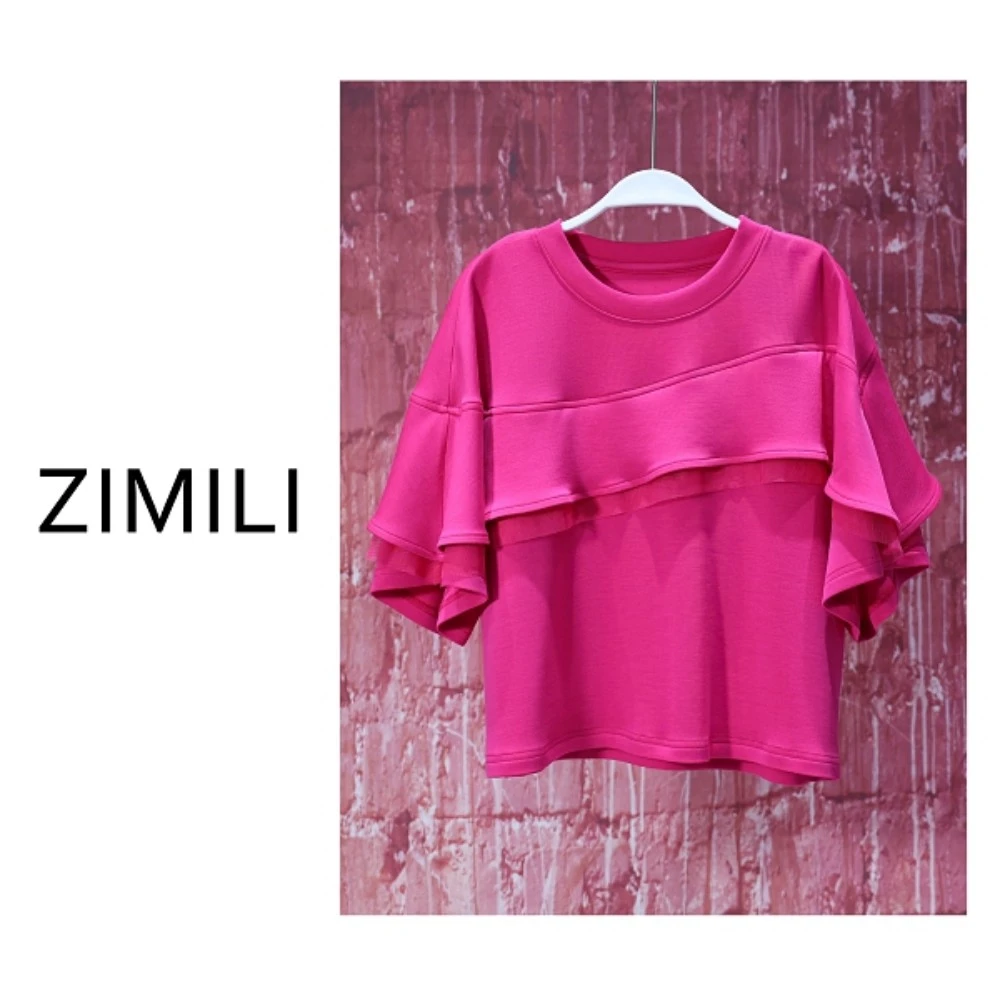 【亮哥女装】2025欧货设计师小众丹紫红拼接网纱时尚短袖8221-C2