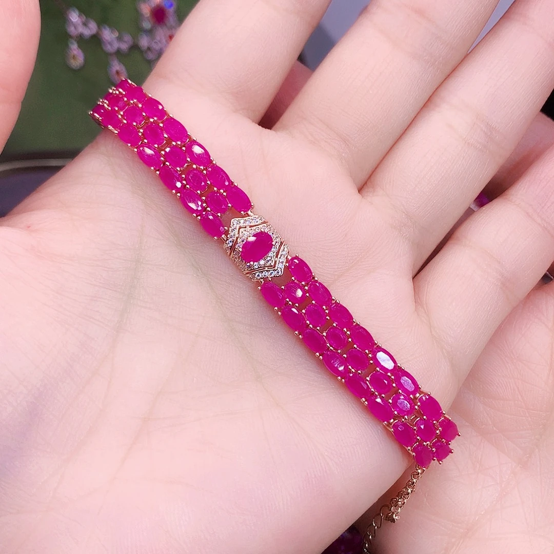 招***女银S925镶嵌手链红宝石