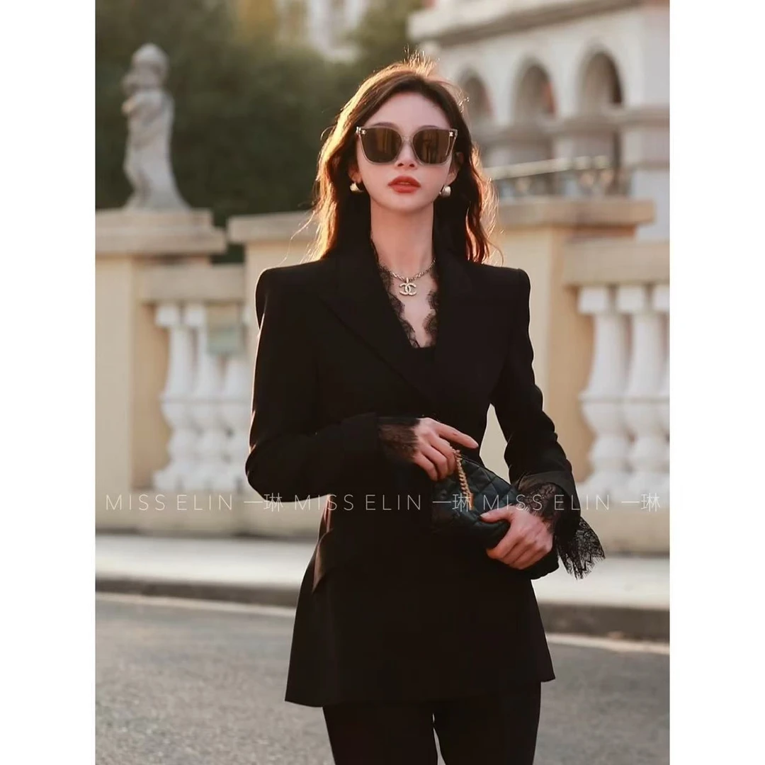 一琳Elin【黑桃A】气质轻奢高定款蕾丝黑色西装套装 XMGS883