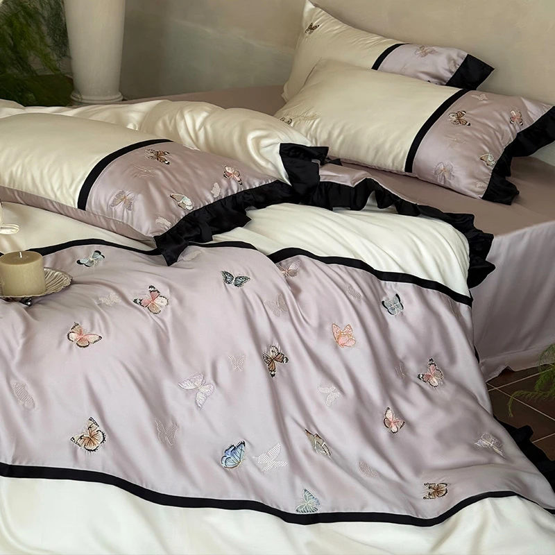 皇后娘娘  法式复古风莱赛尔床单四件套精致刺绣丝滑裸睡被套床品