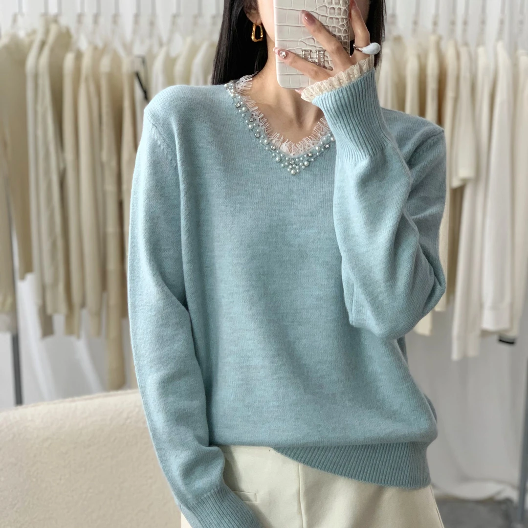 【芊荨精选】2024秋冬新款时尚百搭V领蕾丝钉珠纯色气质针织衫S440#