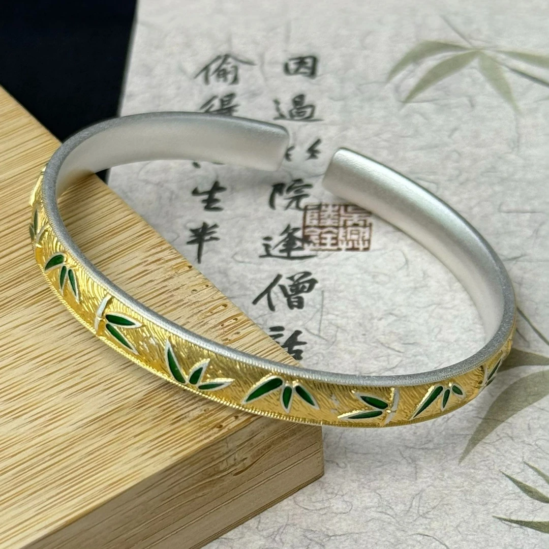 足银手镯 足银9999节节高升描金手镯竹节珐琅新中式开口镯子