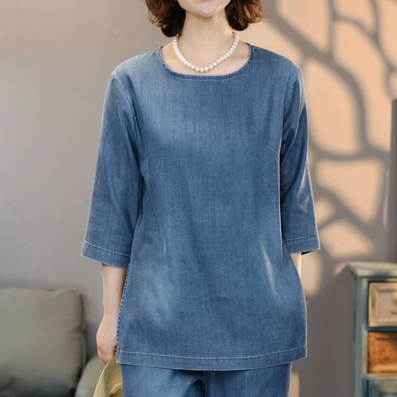 8850夏季新品蓝天丝牛仔短袖衬衫女#2025显瘦时尚水洗透气上衣