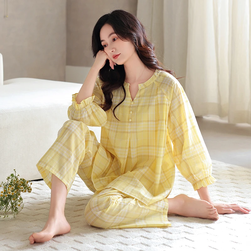 棉绸薄款睡衣休闲七分袖长款家居服甜美套装夏季宽松外穿女款女士