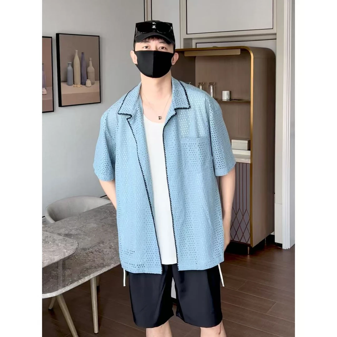 大圣圣 夏季镂空拼接撞色小众设计款短袖针织衬衫男FUL 47648