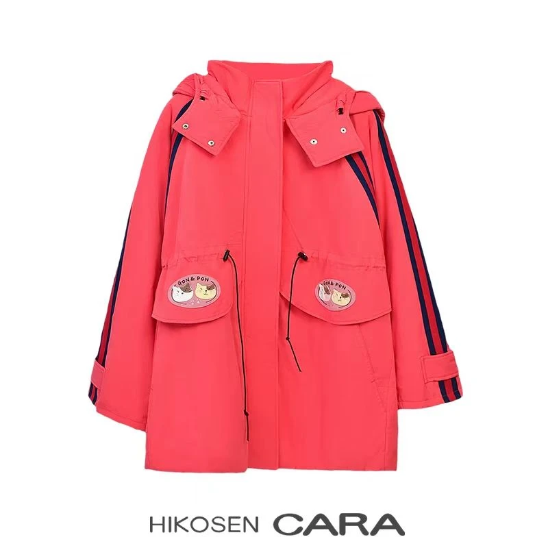 HIKOSEN CARA/卡拉猫彩条中长款冬季韩版纯棉宽松彩边大棉服休闲