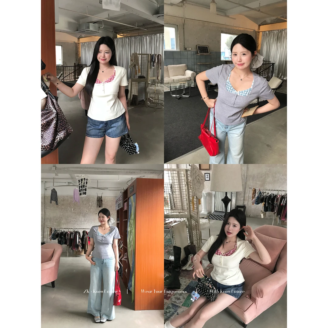知葵微胖定制【轻颜韩女】纯欲风拼接假两件V领短袖T恤12251T2749