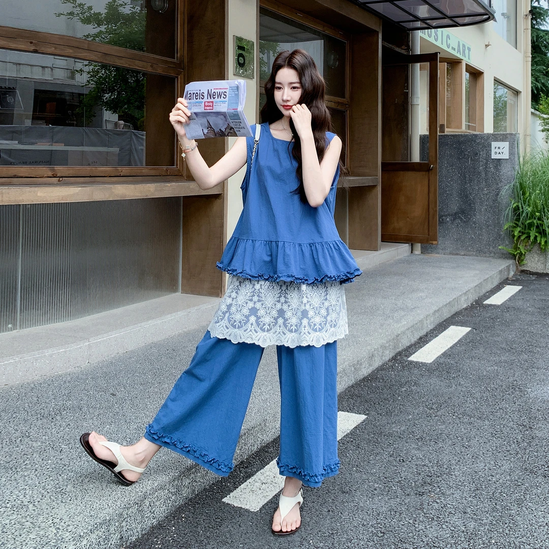 蓝色木耳边拼接背心套装女2025夏季新款无袖上衣阔腿裤减龄两件套
