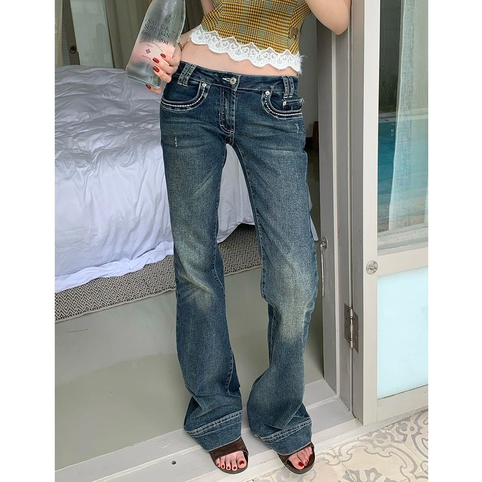 高个子加长美式辣妹低腰紧身牛仔微喇裤女夏季做旧水洗拖地长裤子