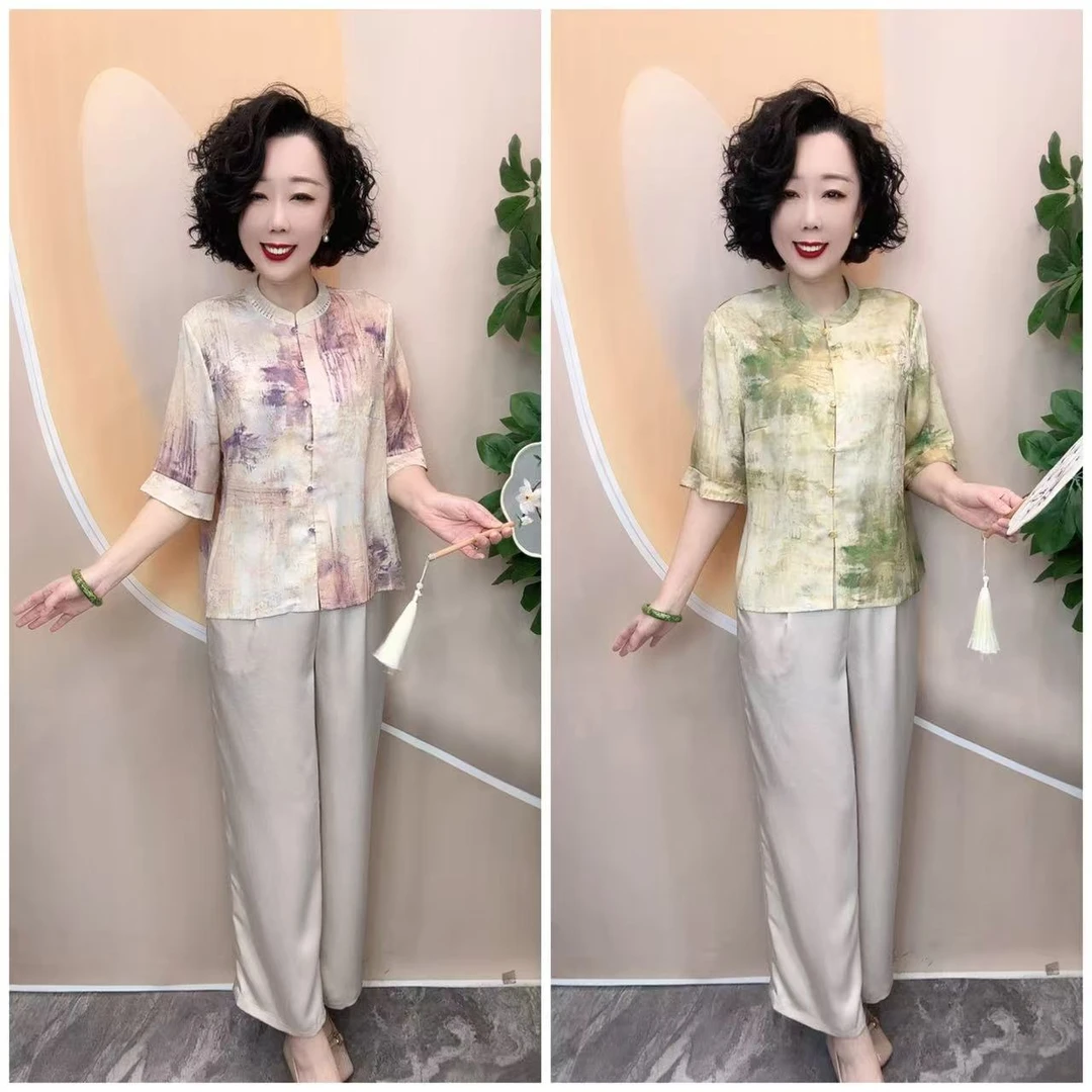 825019夏装中老年时尚大方气质优雅宽松套装（上衣➕裤子）