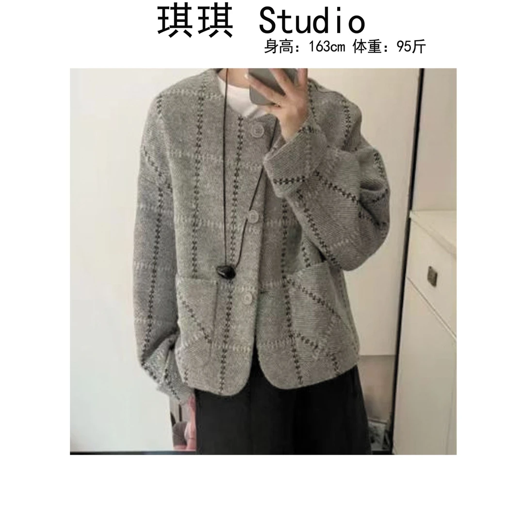 《琪琪家》秋款新款气质时尚拼色格纹显瘦减龄宽松百搭外套869-Y
