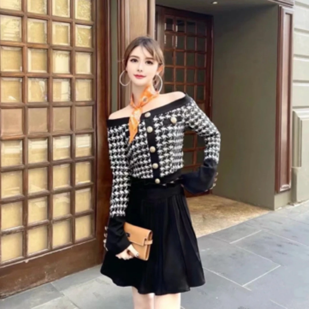 99新 BALMAIN/巴尔曼 A100811/露肩装千鸟格外套上装/34码