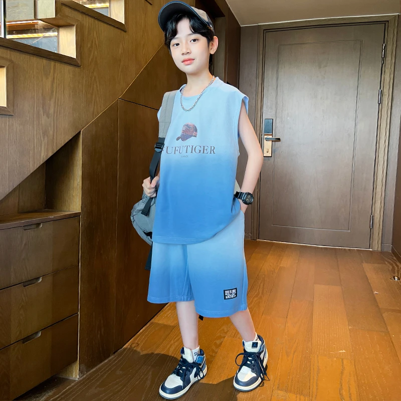 男童无袖套装夏季薄款儿童夏装背心6-12岁中大童男孩运动休闲帅气