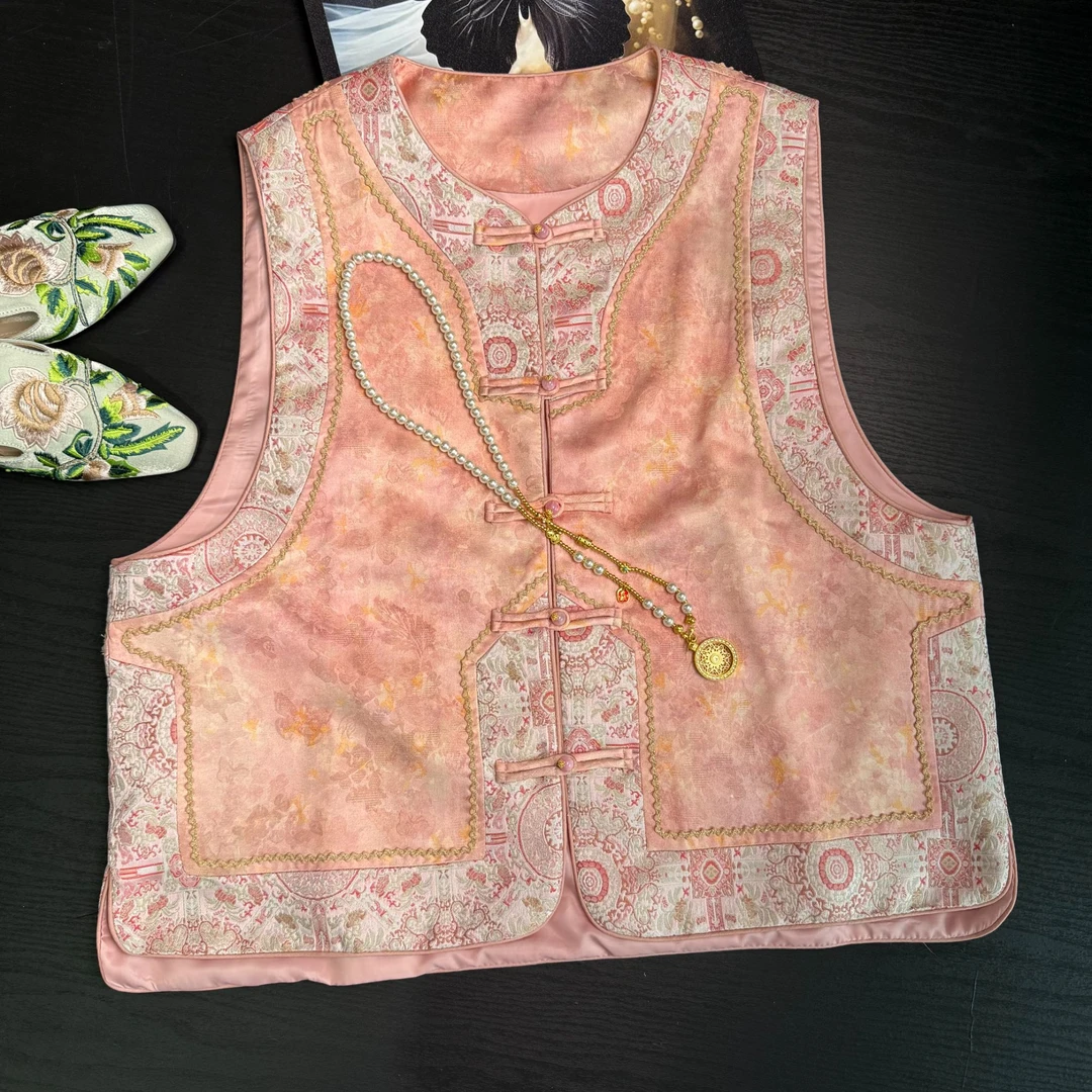 春季无袖西装领提花马夹网红宽松型双层民族风纯色夏季双面