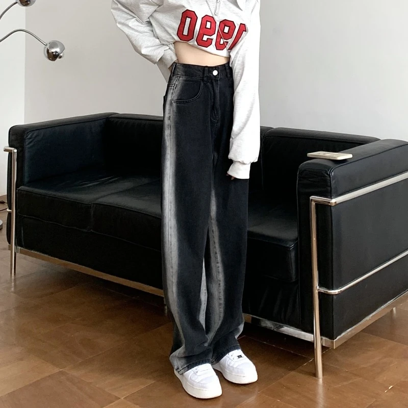 【新年宠粉】黑色阴影直筒牛仔裤女高腰秋冬宽松显瘦阔腿裤YBL-2201