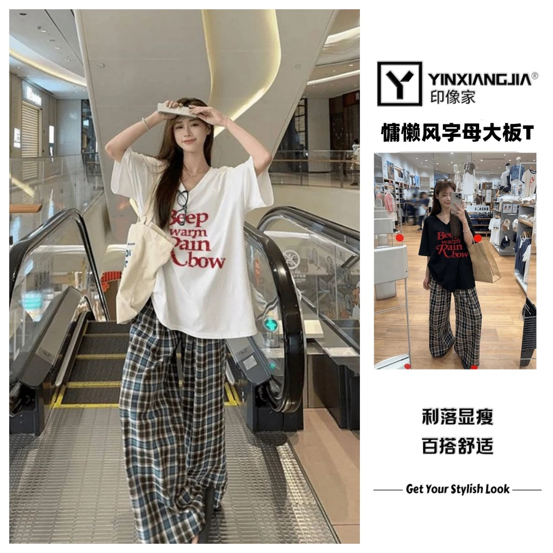 印像家慵懒风宽松V领短袖T恤女夏季印花新款百搭上衣