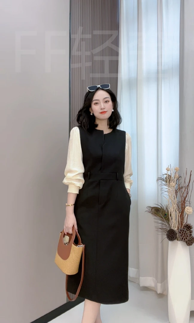 【FF-轻奢】女装新款时尚长袖修身气质安哥拉红长款连衣裙LW24293#