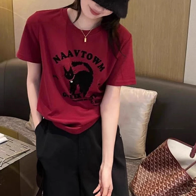 新品圆领字母小猫印花T恤2063