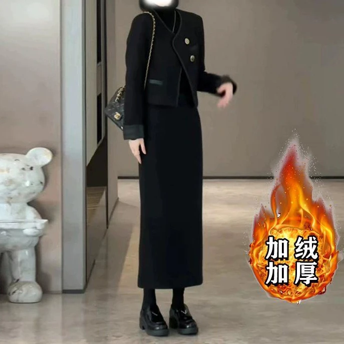 洋气秋冬显瘦加绒两件套2025新款法式春小香外套一整套套装气质