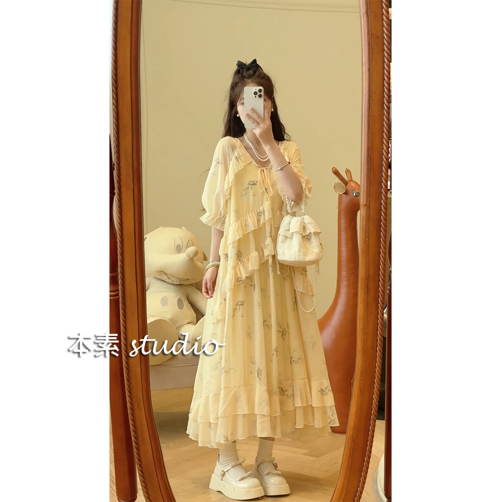 人间仙子C4069印花荷叶边系带V领短袖连衣裙