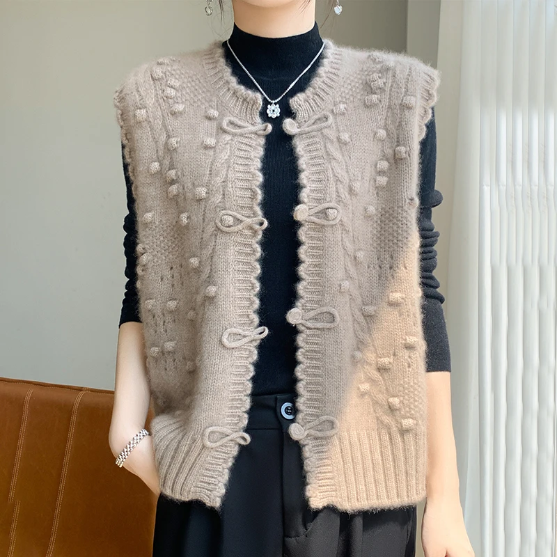 S.Y.C【盘扣设计】针织马甲女圆领坎肩无袖叠穿百搭开衫外套