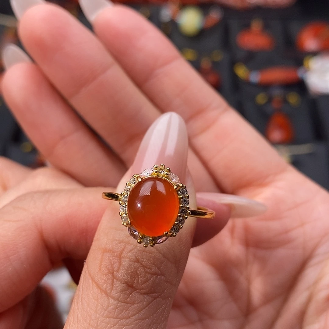 南红玛瑙银S925镶嵌云南保山冰红戒指