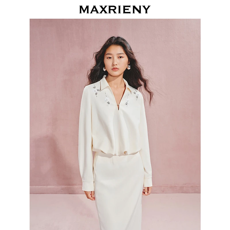 【蜜思仝】MAXRIENY精致休闲V领花苞衬衫钉珠装饰上衣女秋季白色