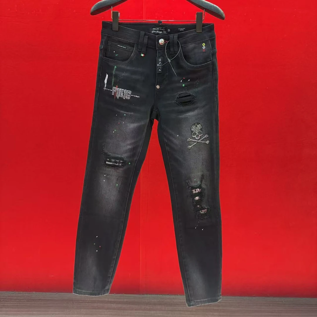 正品欧货新款潮牌秋季小直脚骷髅头烫钻痞帅潮男时尚弹力牛仔长裤