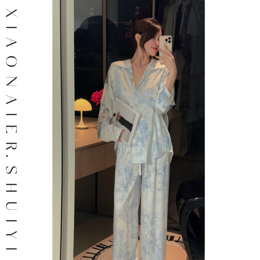 【梦幻星空】秋季新款碎冰蓝衬衫裙睡裙女收腰显瘦可外穿