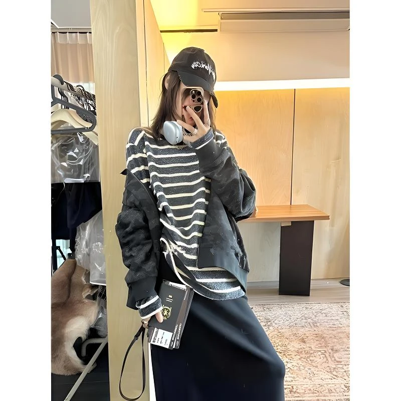 2025新款撞色条纹打底衫女宽松休闲加厚保暖内搭长袖T恤上衣