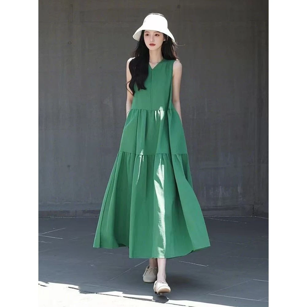 2025春夏新款高级感气质民族风绿色无袖连衣裙宽松遮肉爆款长裙