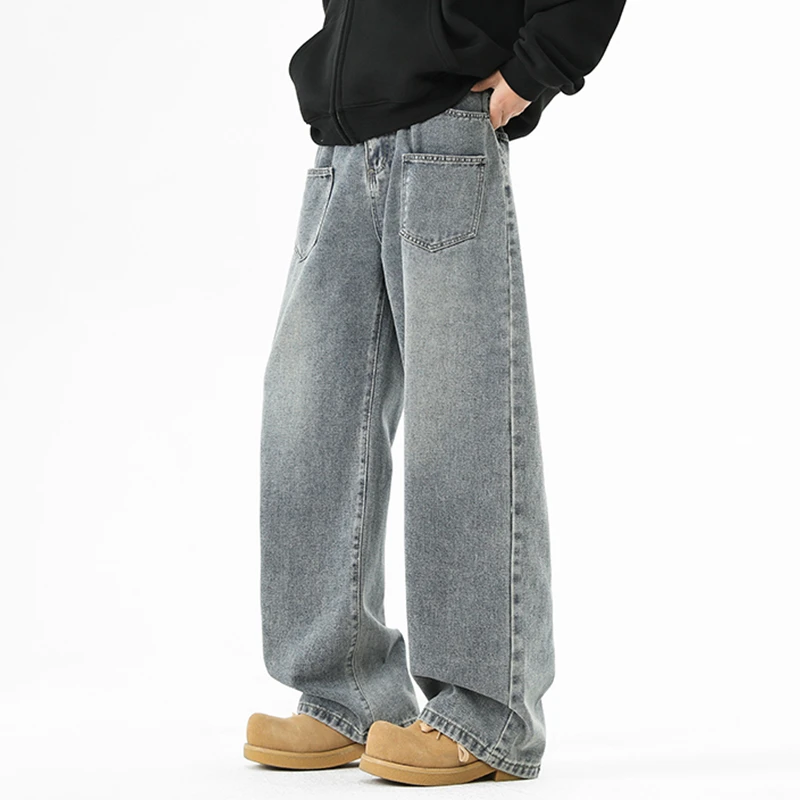 复古蓝牛仔裤男款春秋季美式高街休闲长裤男士设计感口袋阔腿裤子