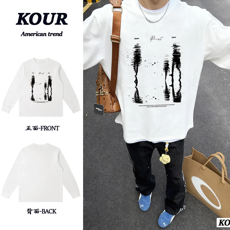 模糊倒影人物美式高街复古上衣重磅纯棉长袖T恤宽松百搭落肩上衣