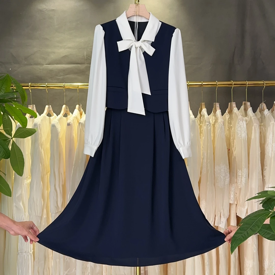 【RG5301】复古长裙显瘦气质长袖时尚法式收腰高级拼接娃娃领连衣裙