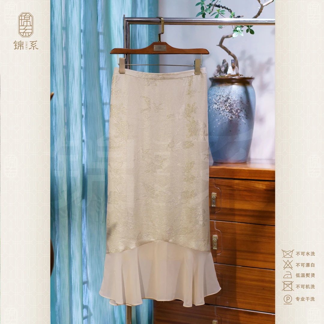 【锦系~新款】真丝金皮拼乔其新中式国风桑蚕丝后松紧腰半裙-382653