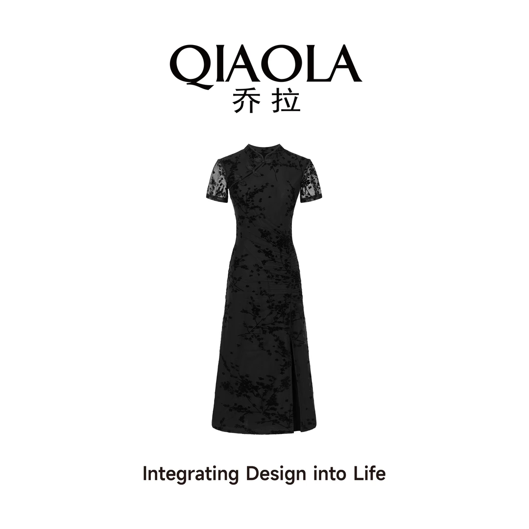 QIAOLA/乔拉【锦瑟墨影】夏季植绒网纱新中式国风优雅复古连衣裙