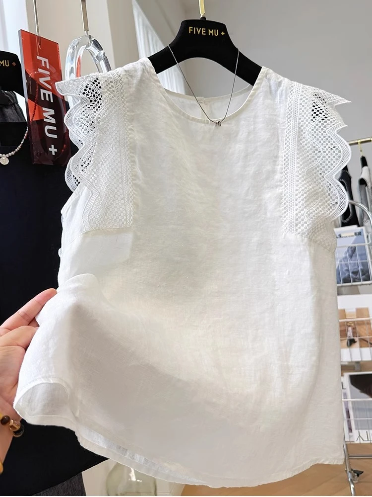 韩系高级感飞袖蕾丝花边亚麻无袖小衫女夏季新款外穿马甲背心上衣