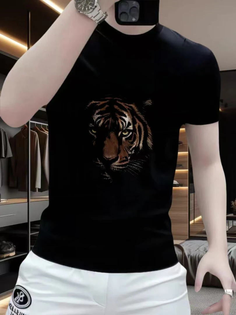 夏季新款潮流印花短袖恤男宽松圆领短袖老虎设计感痞帅纯棉半袖T