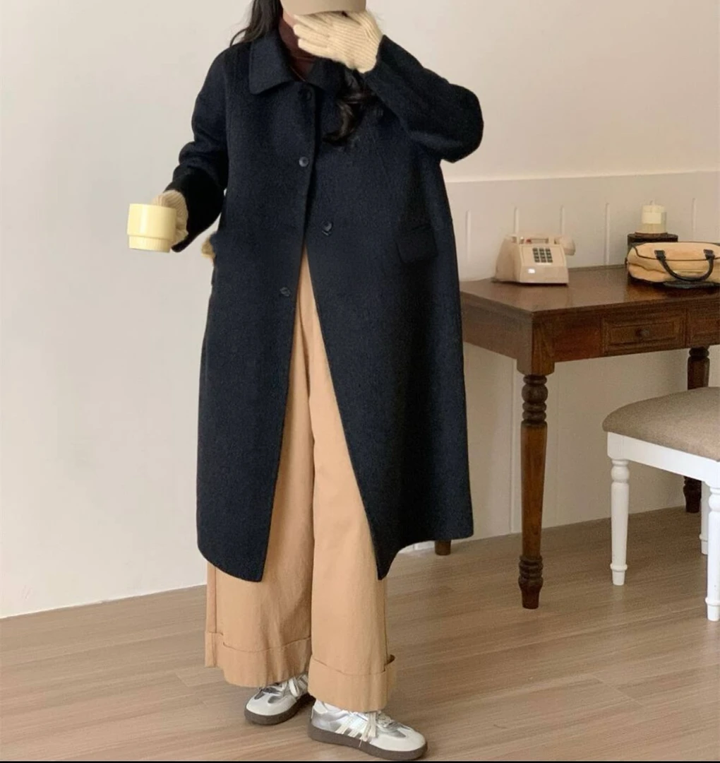 【柒·壹】翻领纯色插肩袖单排多扣加长款双面尼羊毛大衣女毛呢外套