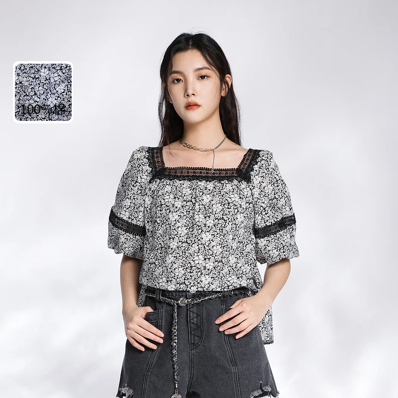 婉甸夏季新品宽松蕾丝花边小衫泡泡袖1232H14SX4