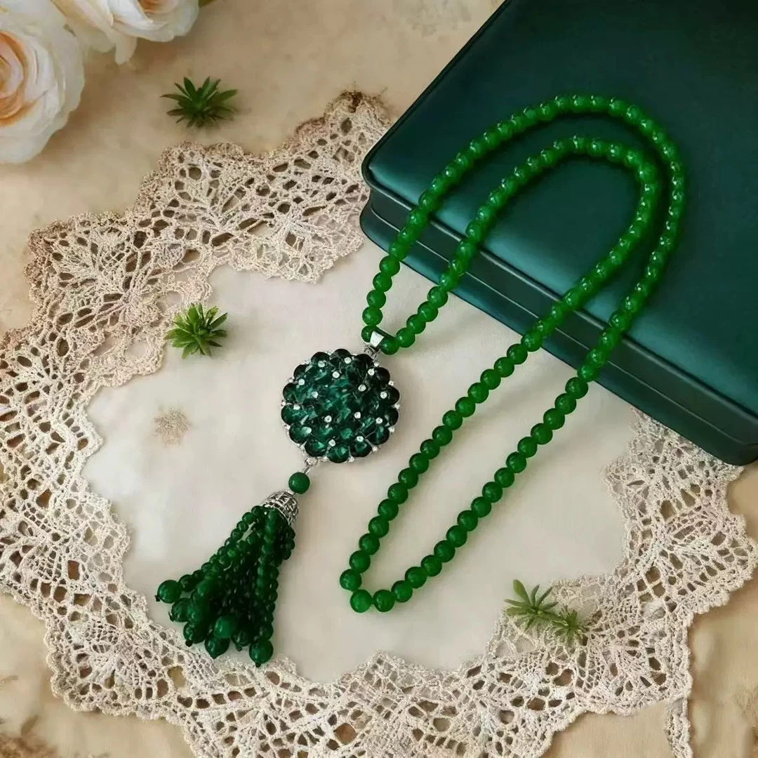 铜合金合成锆石项链 复古绿如意秋冬毛衣链轻奢富贵风长款项链女